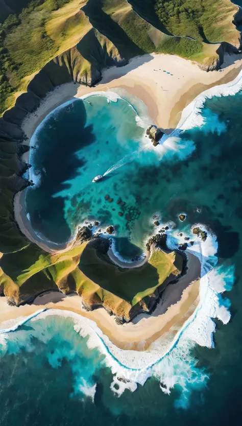 aerial view of blue coast with majestic ocean, natural lights, asymmetric landscape, (ultra wide angle:1.5), fisheye lens photo,...