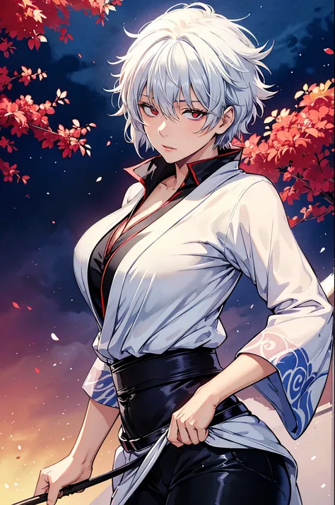 (masterpiece, best quality:1.2), expressive eyes, perfect face, highres, 1girl, solo, (female:1.5), sakata gintoki, gintoki kimo...