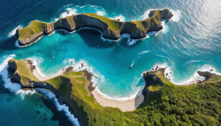 Aerial view of Blue Coast with Majestic ocean, natural lights, asymmetric landscape, (ultra wide angle:1.5), fisheye lens photo, ((Aerial view):1.2), ((sense of extreme vastness):1.1), highly detailed ocean and beach, (tyndall effect), Coexistence with the...