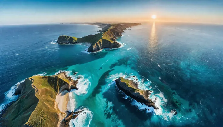 aerial view of blue coast with majestic ocean, natural lights, asymmetric landscape, (ultra wide angle:1.5), fisheye lens photo,...