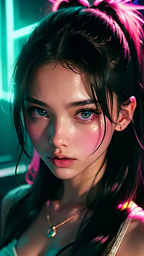 身穿比基尼的阿拉菲女子在Neon前摆姿势, Neon and Dark, glowing neon lights, glowing neon lights skin, Portrait of a girl with light waves, Neon, Neon, subtle Neoning, Brilliant D&#39;colored light, Neoning, Gorgeous cyberpunk light, Neon night, glow of Neons, soft neon atmo...