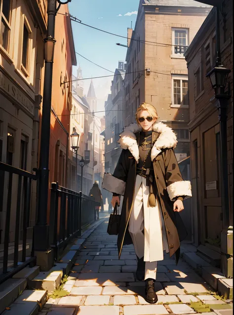 1male, black aviators, old fit clothing, fur clothing, blonde hair, fixed expression, old city background, detailed background, walking on path