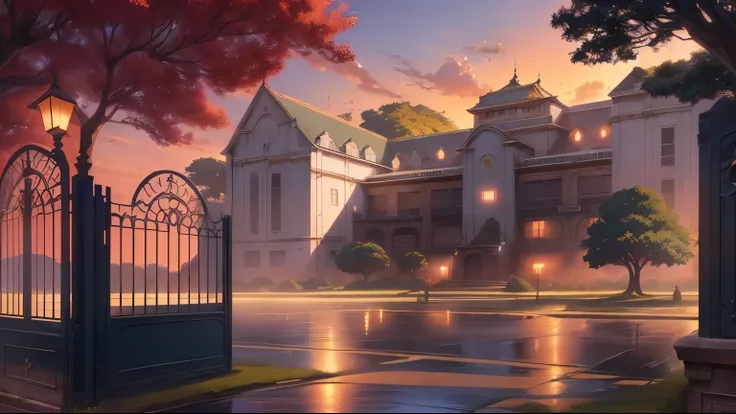 cena de anime of a large building with a gate and a tree, madhouse studio anime style, madhouse anime style, arte de fundo de anime, Japanese high school, cena de animery, cena de anime, high school background, beautiful cena de anime, beautiful cena de an...