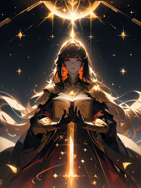 ability user, magic user, celestial, stars, moon, illuminated golden eyes, brown hair, long hair, long white cape, and red robes, black gloves, high collar with golden button, ((( setting with book mounts, low light and leaks))), {extremely detailed 16k CG...