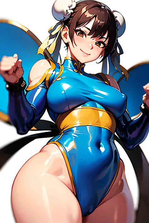 Chun li, skin-tight latex suit, smile, White background, medium tits, big thighs,