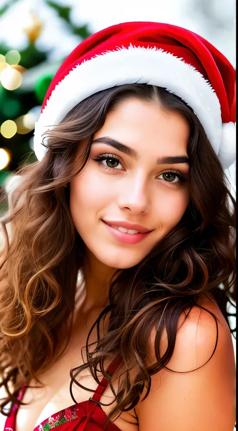 Ultra-realistic color photographic portrait, taken by a proficient photographer, of a radiant Brazilian woman with curly brown hair adorned with a Christmas hat. Her captivating brown eyes shimmer with warmth under the green and purple holiday tones. In th...