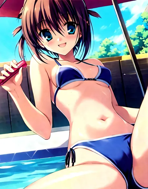 asakura_yume,Brown Hair,Medium Chest,Aqua Eye,smile,White skin,Pool,Swimwear,bikini,