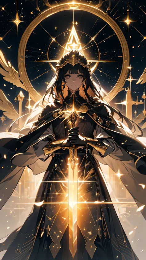 ability user, magic user, celestial, stars, moon, illuminated golden eyes, golden eyes, bright golden eyes, brown hair, long hair, long white cape, and golden robes, black gloves, high collar with golden button, holding a weapon, holding a sword, ((( setti...