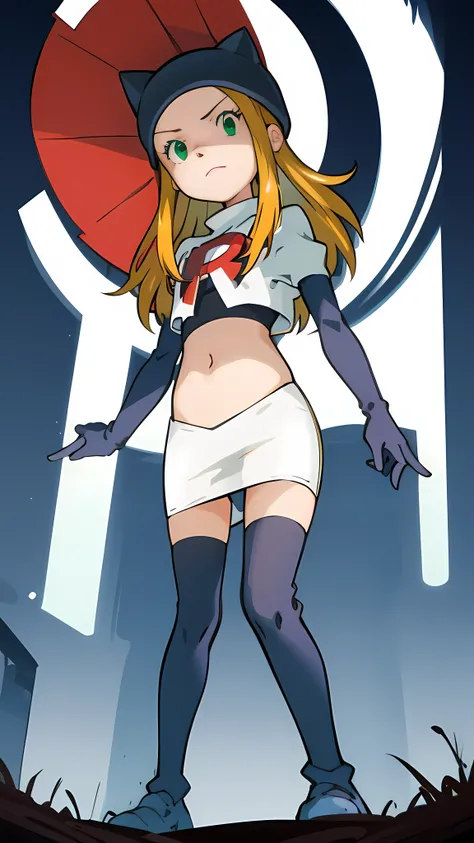 masterpiece, best quality, Izumi(digimon),hair over one eye, green eyes, long hair, 1girl, solo, team rocket,team rocket uniform, red letter R, white skirt,white crop top,black thigh-highs,black elbow gloves, cat hat, from below