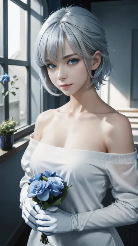 One girl, Bethel, blue eyes, Exposing shoulders, chest,中chest, short hair, platinum silver hair, Hair on one eye, bangs, gloves, No sleeve, alone, shirt, エレガントなgloves, white shirt, No sleeve shirt, Put your arms behind your back, Off the shoulder, horn, sm...