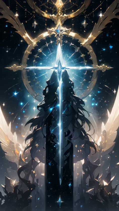 ability, magic , celestial, stars, moon, illuminated golden, golden accents, black accents, swords, fantasy view, swords and magical tools ((( setting with sword mounts, low light and leaks))), {extremely detailed 16k CG unit wallpaper}, expansive landscap...