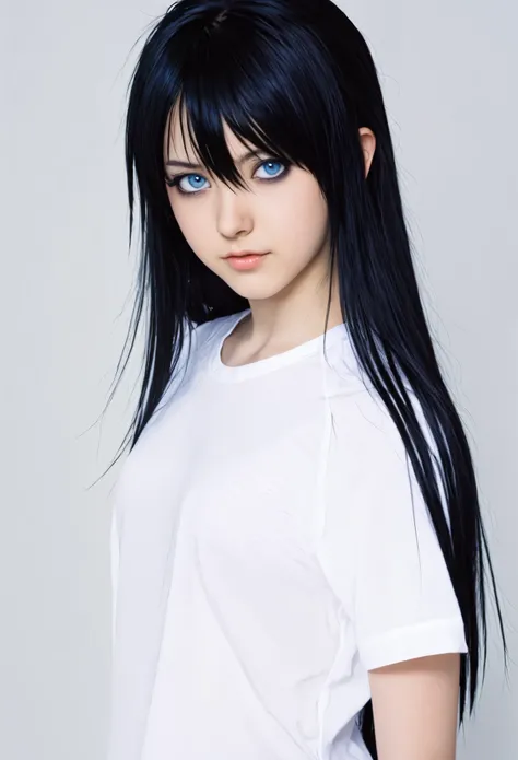 A 15 year old anime girl with long black hair in wolfcut and dark blue eyes wearing a white top in death note style