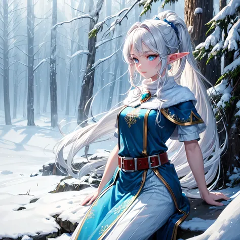 ((1 girl, elf, mage, no hat, long hair, white hair, 2 ponytails, light blue eyes)), (white clothes, sexy), (foggy lawn, snow, blue light, snowflakes, better lighting, particles), front