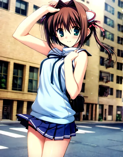 asakura_yume,brown hair,medium chest,aqua eye,white skin,city,sleeveless_sweater,mini skirt,