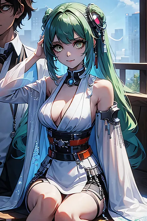 anime girl with green eyes and a white dress holding a green light, perfect android girl, digital cyberpunk anime art, cyberpunk anime girl mech, anime cyberpunk art, cute cyborg girl, cyberpunk anime girl, digital cyberpunk - anime art, female cyberpunk a...