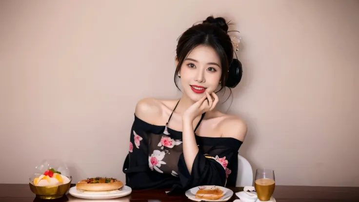 imagine a young female youtube mukbang host, known for her adorable and bubbly personality. she's typically seen in colorful, ca...