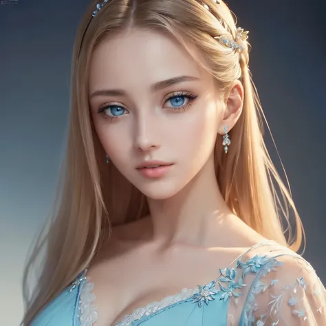 (Masterpiece of a stunning European woman in a pastel blue overall gown, 25 years old, standing against a simple background, best quality, 8K, ultra high resolution, photorealistic, highly detailed and intricate, delicate and beautiful, good lighting, prof...