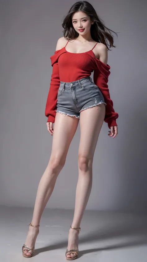 highest quality,masterpiece,Ultra-high resolution,Original photo,Ultra-high resolution，Beautiful woman 25 years old woman&#39;Fashion that was popular in the 1990s，Long legs:1.5，Shorts，Full Body，Flashy makeup using red eyeshadow，Big smile，Short cut with su...