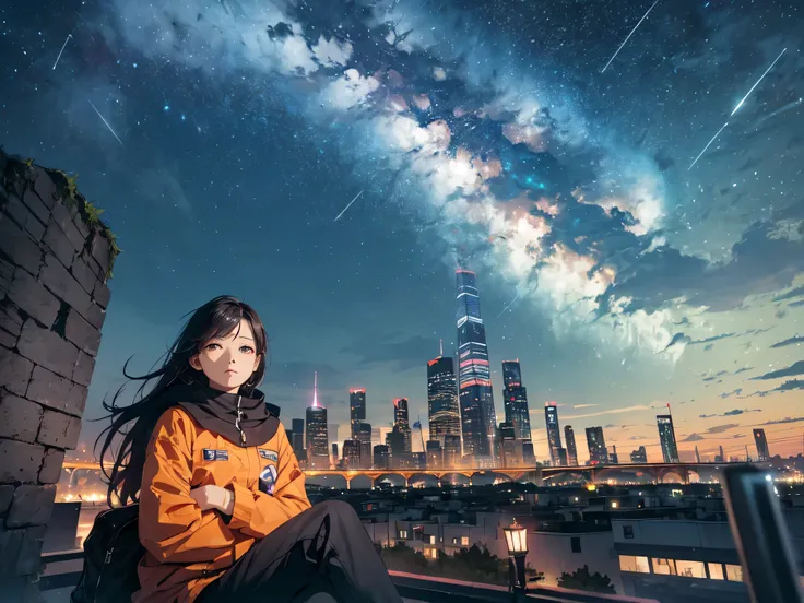 octans, sky, star (sky), scenery, starry sky, night, 1girl, night sky, solo, outdoors, building, cloud, milky way, sitting, tree, long hair, city, silhouette, cityscape