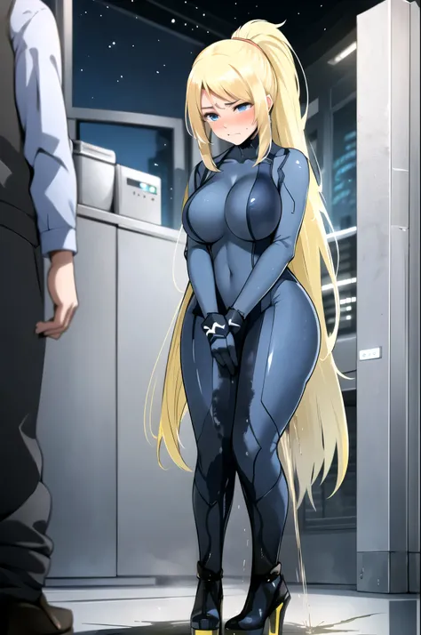 samus aran, (facing viewer:1.25), ponytail, large breasts, hair tie, blue gloves, blue bodysuit, (full bodysuit:1.5), high heels, (standing straight:2.0), peeing herself, (wetting herself:1.5), very large peeing stain, huge pee stain, best quality, ultra-d...