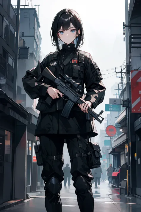 Black military uniform, Emotionless face, Black hair, Black eyes, Detailed eyes, Best quality, HD, Beautiful eyes, , AK-74, holding gun, Holding an AK47, akm, Kalashnikov rifle, urban backdrop, Night, Tacticool, Ladies vests

military,