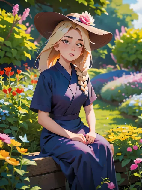 painting of a woman in a dress and hat sitting in a garden, artwork in the style of guweiz, ”beautiful anime woman, beautiful ch...