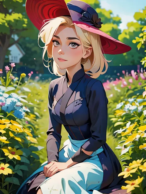 painting of a woman in a dress and hat sitting in a garden, artwork in the style of guweiz, ”beautiful anime woman, beautiful ch...