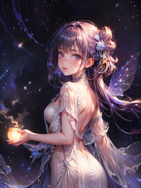 octans,Star Fairy,燦めくStars in the night sky,milky way,transparent bowl gown dress(flowing),beautiful delicate(Stars in the night sky,hair,face,eyes,lips,skin,clothes),sparkling eyes,bright rosy lips,view from behind