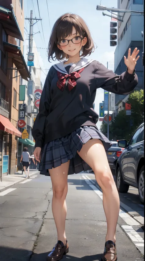 (super flat, flat shading), Honors Type, Really blushing, 17 years old, high school girl, wearing long sleeve shirt and plaid pleated mini skirt, Short bob cut brown hair, Glasses, sweaty healthy body, mesugaki smile, bare legs, loafers, ultra realistic, e...