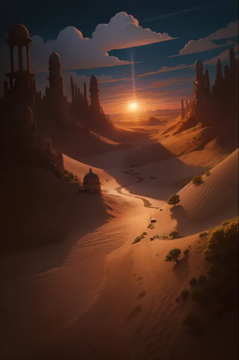 wide view, ghibli anime lineart style, fantasy desert, twilight splendor, shadows, lone caravan, swirling hues of indigo and gol...