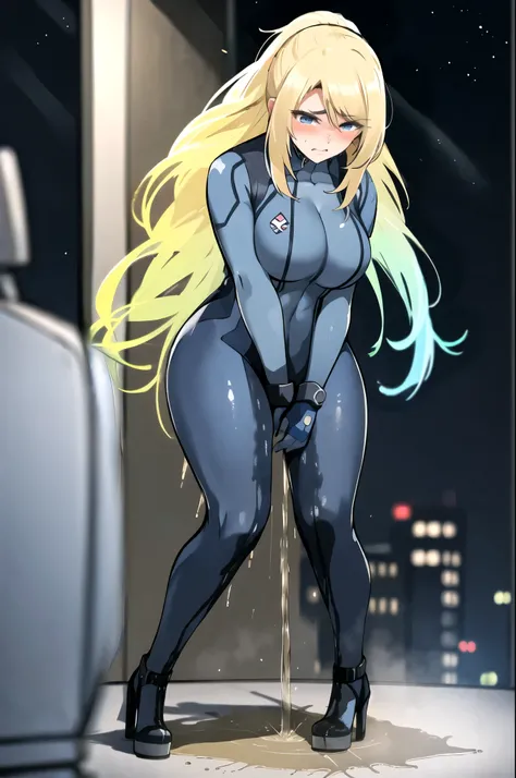 samus aran, (facing viewer:1.25), ponytail, large breasts, hair tie, blue gloves, blue bodysuit, (full bodysuit:1.5), high heels, (standing straight:2.0), peeing herself, (wetting herself:1.5), very large peeing stain, huge pee stain, best quality, ultra-d...