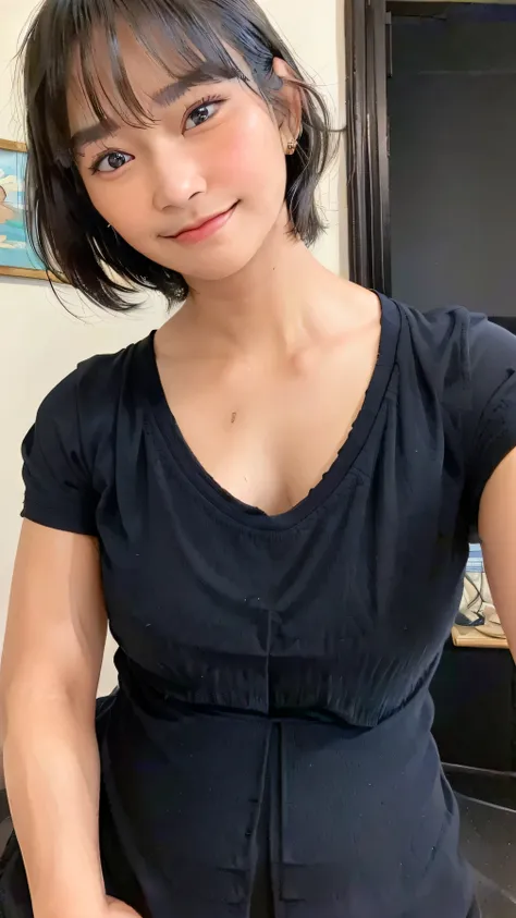 black shirt, cowboy shot, masterpiece, beautiful, (1girl, freya jkt48, lips, black eyes, short hair,closed mouth, little smile, photorealistic:1.3), looking at viewer, huge breast, proportional size breast, bathroom, ((Best quality, 8k,low pov, tight black...