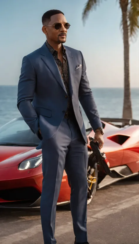 movie「Bat Boys II」So、High-resolution images emerge of Will Smith getting out of his Ferrari looking confident and enthusiastic.。Masterpiece imagery with intricate facial details、Slight wrinkles around the eyes、A clear curve of the nose、Reveals small lines ...