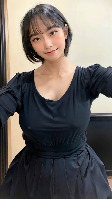 black shirt, cowboy shot, masterpiece, beautiful, (1girl, freya jkt48, lips, black eyes, short hair,closed mouth, little smile, photorealistic:1.3), looking at viewer, huge breast, bathroom, ((Best quality, 8k,low pov, tight black shirt, Masterpiece :1.3))...