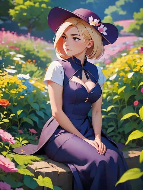 painting of a woman in a dress and hat sitting in a garden, an anime drawing by Yang J, Artstation, fantasy art, artwork in the style of guweiz, ”beautiful anime woman, beautiful character painting, beautiful anime portrait, made with anime painter studio,...