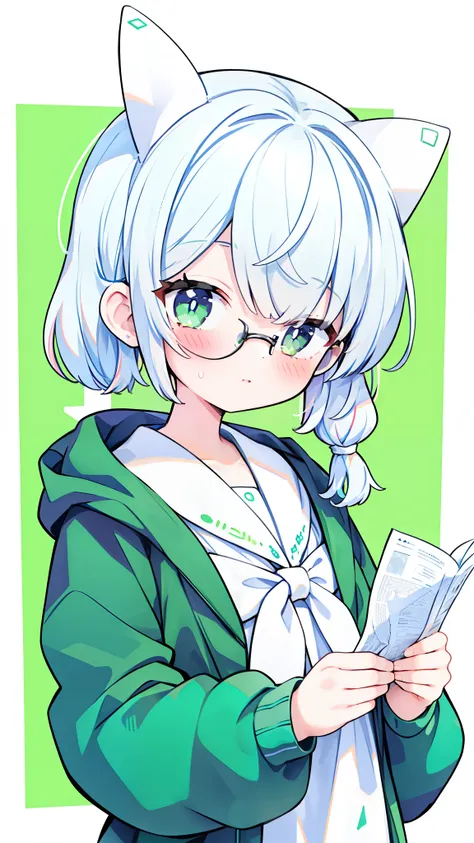 1girl,,white hair,(single bun:1.21),hime cut,light green streaked hair,(silver snake eyes),dark green round semi-rimless glasses...