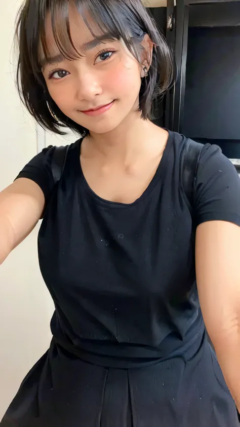 black shirt, cowboy shot, masterpiece, beautiful, (1girl, freya jkt48, lips, black eyes, short hair,closed mouth, little smile, photorealistic:1.3), looking at viewer, huge breast, bathroom, ((Best quality, 8k,low pov, tight black shirt, Masterpiece :1.3))...