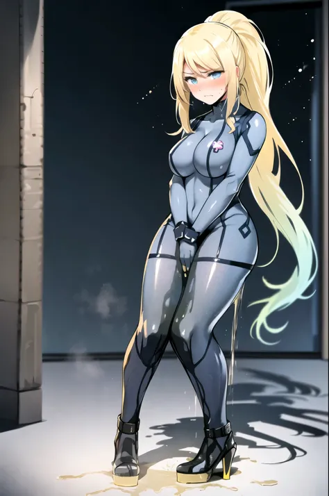 samus aran, (facing viewer:1.25), ponytail, large breasts, hair tie, blue gloves, blue bodysuit, (full bodysuit:1.5), high heels, (standing straight:2.0), peeing herself, (wetting herself:1.5), very large peeing stain, huge pee stain, best quality, ultra-d...