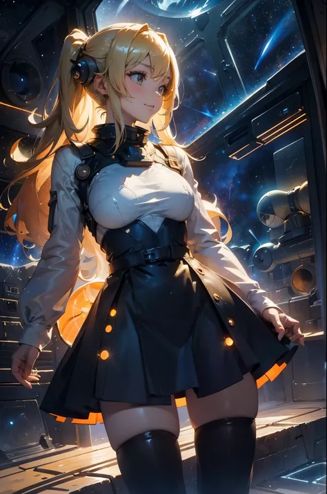 (masterpiece, best quality:1.2), (Cowboy shooting:1.1), Solitary, 1 girl, Mori Yuki, Smile, Shut up, side view, Looking at the audience, Blonde hair, Long hair, Thigh clearance, Tights, Great for your skin, Perfect body, Large Windows, (Spaceship porthole:...