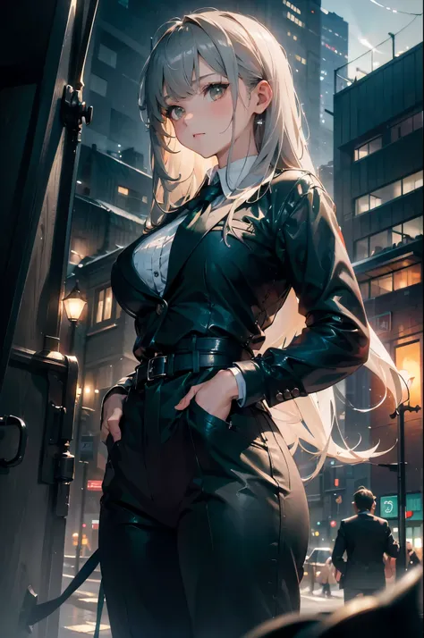 (masterpiece, best quality),(((From below, Depth of Field, Hook of Holland, green lighting))), Flowing hair, 1 Girl, Solitary, formal, Hands in pockets, Set, Black gloves, architecture, Looking at the audience, Black tie, fingerless gloves, White shirt, Ci...