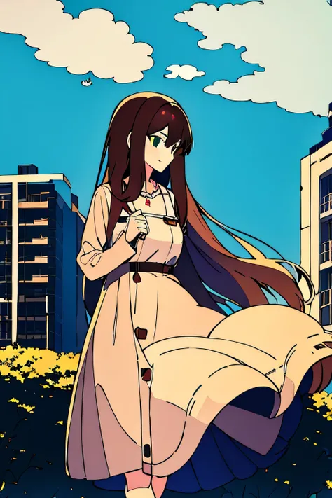  One girl, length_hair, One person in, Brown_hair, Open_mouth, wood, null, smile, Day, Wind, Brown_eye, cloud, white_dress, dress, building, green_null, Outdoor, Looking_in_Audience, floining_hair, blush, cloudy_null, bag, chest