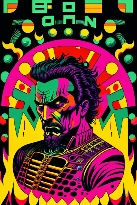 Psychedelic poster of an angry man against a futuristic machine