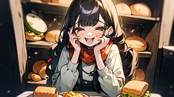 Imagine a young female YouTube mukbang host, known for her adorable and bubbly personality. Shes typically seen in colorful, casual attire, often with whimsical food-themed accessories like a hamburger-print scarf or sushi-shaped earrings. Her setup is bri...