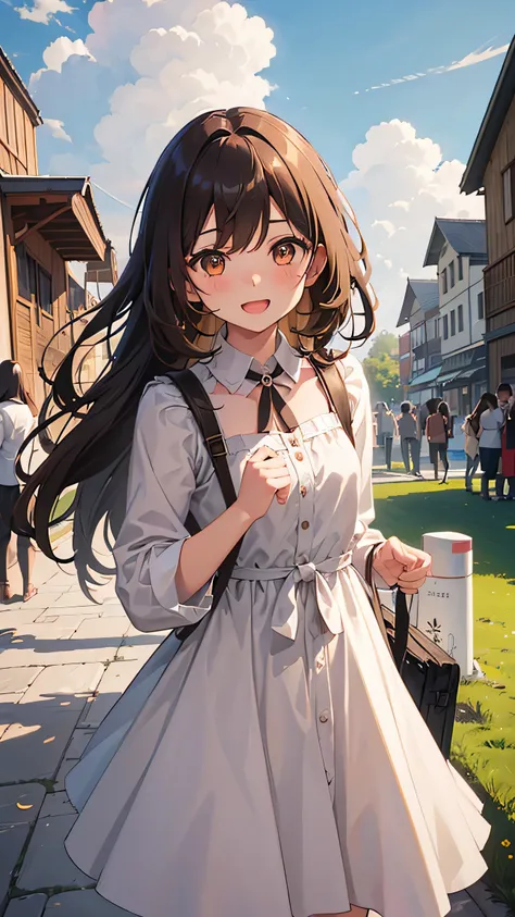 One girl, length_hair, One person in, Brown_hair, Open_mouth, wood, null, smile, Day, Wind, Brown_eye, cloud, white_dress, dress, building, green_null, Outdoor, Looking_in_Audience, floining_hair, blush, cloudy_null, bag, chest