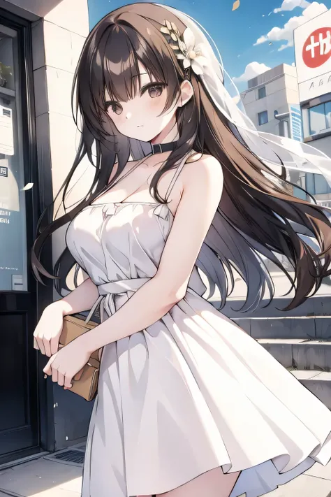 One girl, length_hair, One person in, Brown_hair, Open_mouth, wood, null, smile, Day, Wind, Brown_eye, cloud, white_dress, dress, building, green_null, Outdoor, Looking_in_Audience, floining_hair, blush, cloudy_null, bag, chest