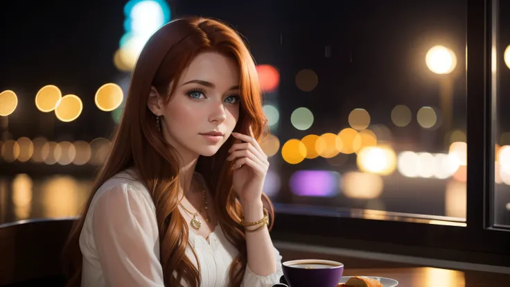 Realistic 50mm photos. portrait. Depth of Field. Bokeh background is dinner. Wet and out of focus windows，Outside the city lights a beautiful 24 year old woman，Long auburn hair is elegant，Looks sad，There is a cup of coffee and a plate of cakes on the table...