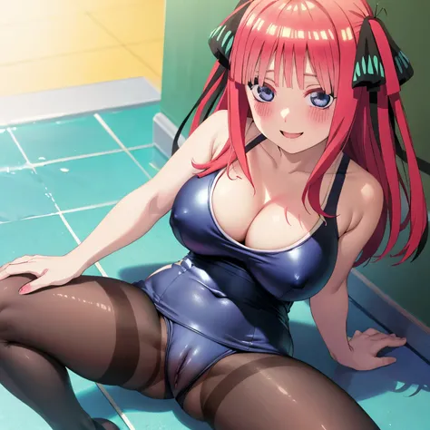 best quality, ultra-detailed masterpiece, anime art style, cute characters, nino nakano, one-piece swimsuit, large breasts, pantyhose, blush, smile, pussy focus