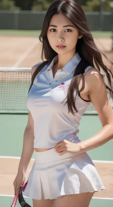 (8k, highest quality, masterpiece: 1.2), (Realistic, Realistic: 1.37), Very detailed, 1 girl, 18-year-old, White base、、White panties、Beautiful panties、big, beauty, cute, smile, alone, Tennis Wear, mini skirt, White base、Beautiful thighs、beautiful cameltoe、...
