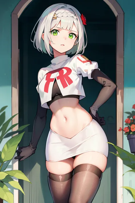 genshinnoelle, noelle, braid, flower, hair flower, hair ornament, short hair, silver hair, (green eyes:1.5),team rocket,team rocket uniform,white skirt,red letter R,crop top,black thigh-highs,black elbow gloves 