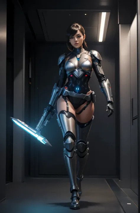 young-woman-type cyborg, ((full body)), with her head, hands and legs armored, no lingerie, walking with her legs spread apart, with her ray gun in the holster at her right leg, beautiful chest, from front below